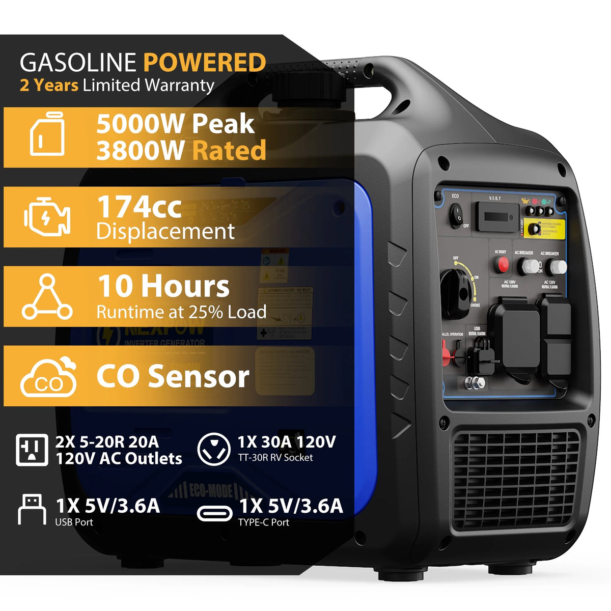 2026 NewNEXPOW 2250W Portable Inverter Generator, Gasoline Power Quiet Lightweight for Backup Home & Camping, Eco-Mode Feature, Parallel Capability, EPA Compliant