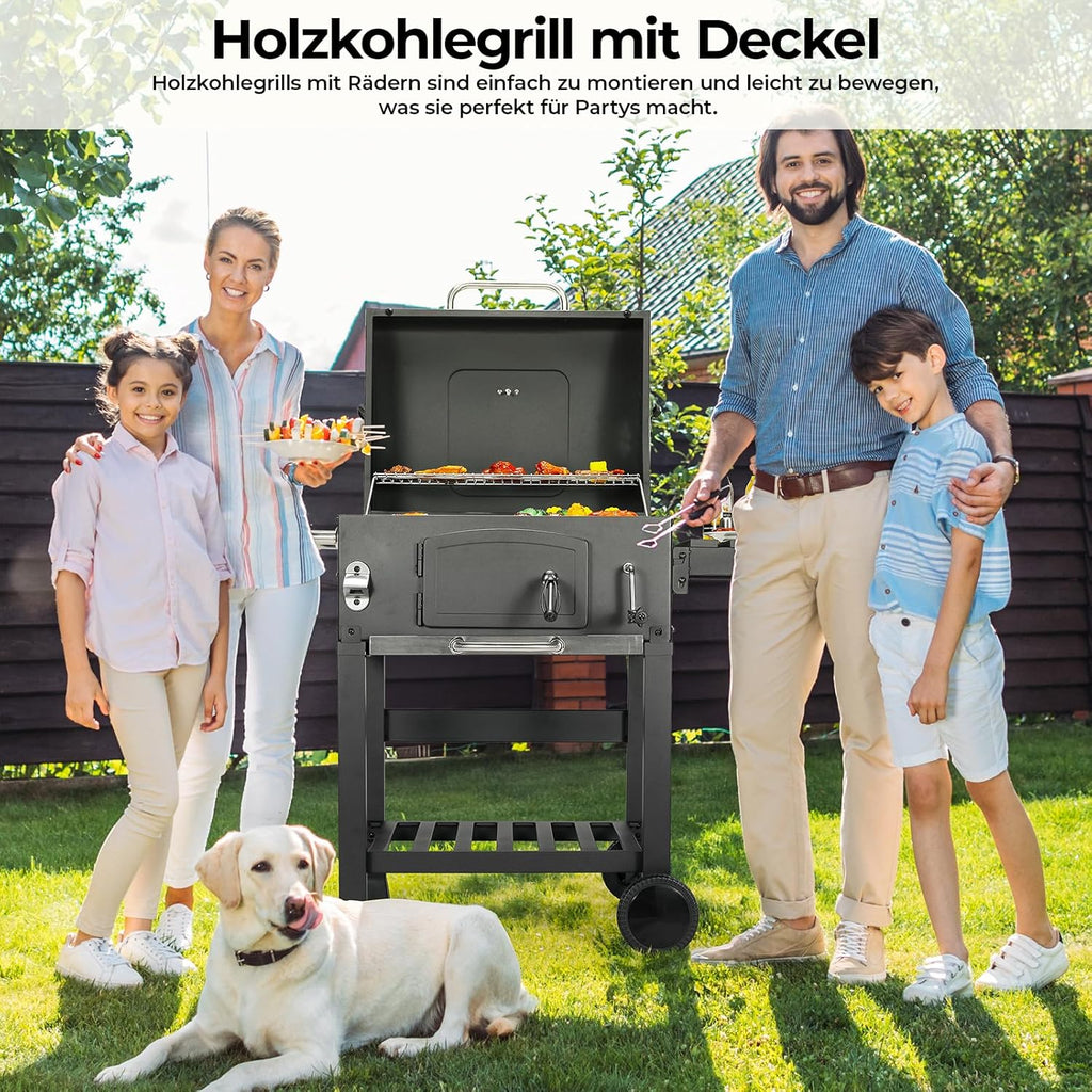 2026 Barbacoa de Carbon XXL, Parrilla de Carbón con Chimenea y Tapa, Parrilla con Carrito BBQ Smoker con Ruedas y Termómetro, Grande BBQ Carbon para Camping y Jardín