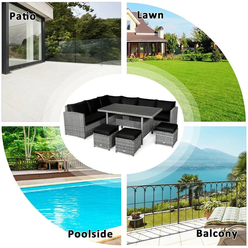 2026 New7 Pcs Rattan Patio Dining Furniture Sectional Sofa Set with Dining Table, Ottomans & Cushions