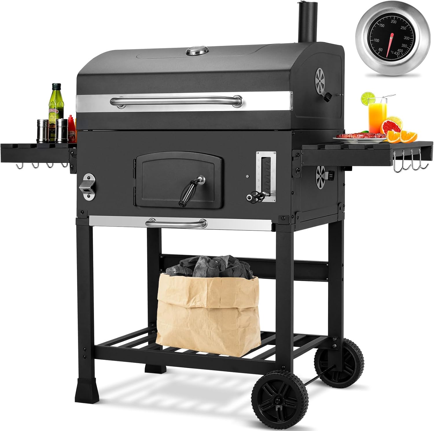 2026 Barbacoa de Carbon XXL, Parrilla de Carbón con Chimenea y Tapa, Parrilla con Carrito BBQ Smoker con Ruedas y Termómetro, Grande BBQ Carbon para Camping y Jardín