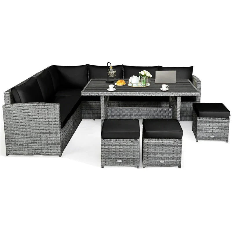2026 New7 Pcs Rattan Patio Dining Furniture Sectional Sofa Set with Dining Table, Ottomans & Cushions