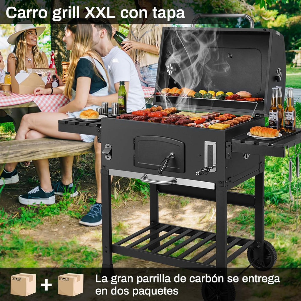 2026 Barbacoa de Carbon XXL, Parrilla de Carbón con Chimenea y Tapa, Parrilla con Carrito BBQ Smoker con Ruedas y Termómetro, Grande BBQ Carbon para Camping y Jardín