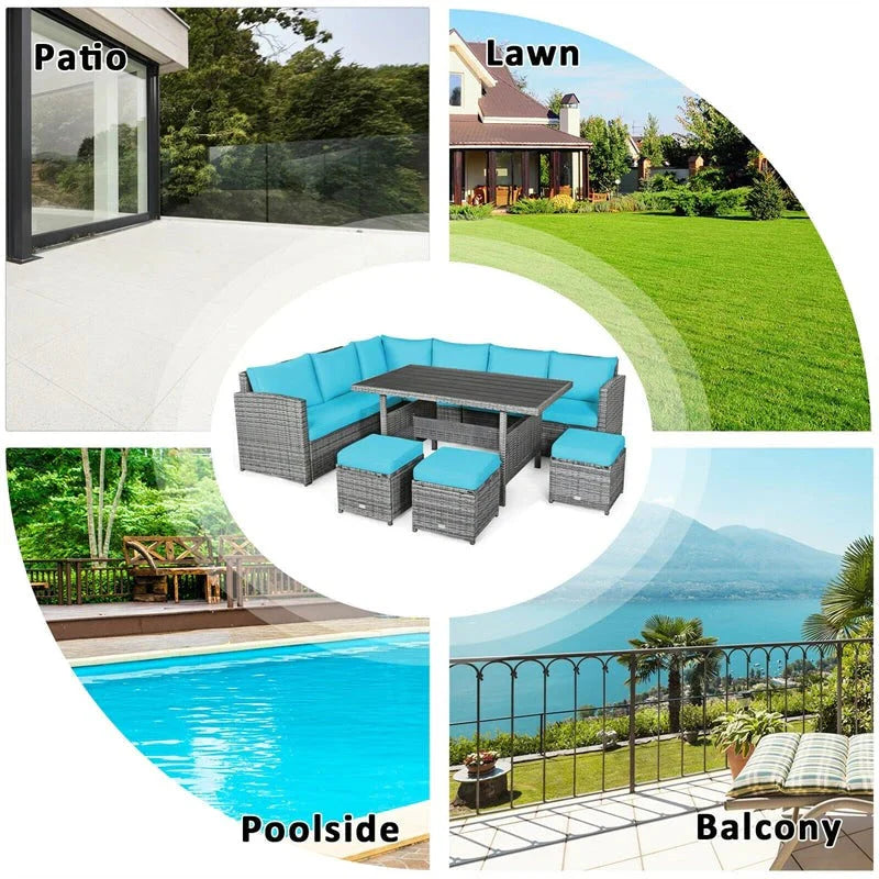 2026 New7 Pcs Rattan Patio Dining Furniture Sectional Sofa Set with Dining Table, Ottomans & Cushions