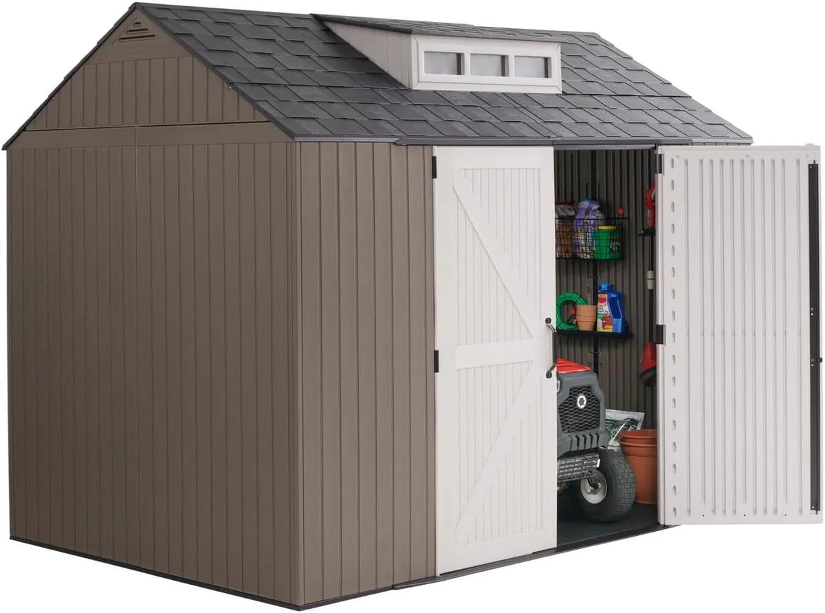 2026 NewRubbermaid resin garden shed with floor (2.13 x 2.13 m), weatherproof, grey, for storing garden tools, lawnmowers, bicycles and pool accessories