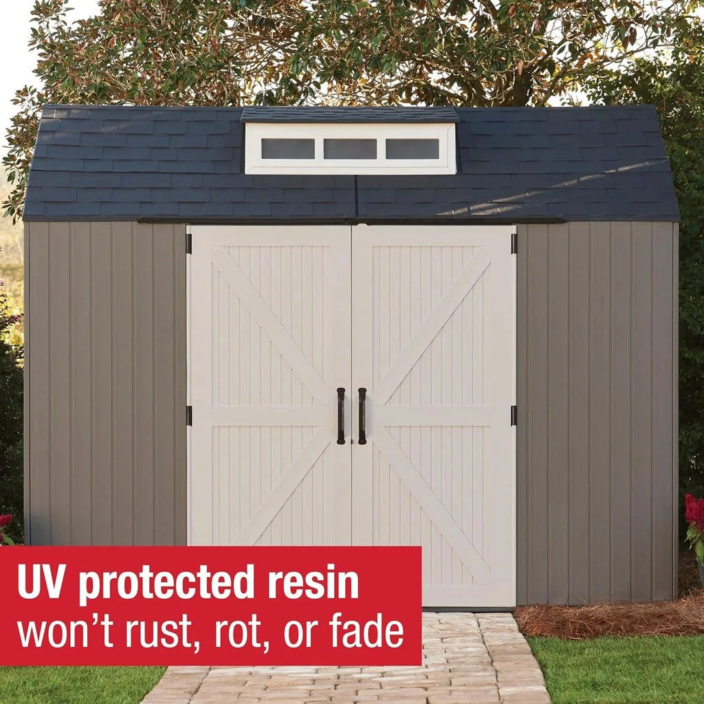 2026 NewRubbermaid resin garden shed with floor (2.13 x 2.13 m), weatherproof, grey, for storing garden tools, lawnmowers, bicycles and pool accessories