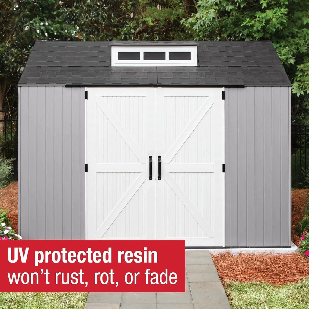 2026 NewRubbermaid resin garden shed with floor (2.13 x 2.13 m), weatherproof, grey, for storing garden tools, lawnmowers, bicycles and pool accessories