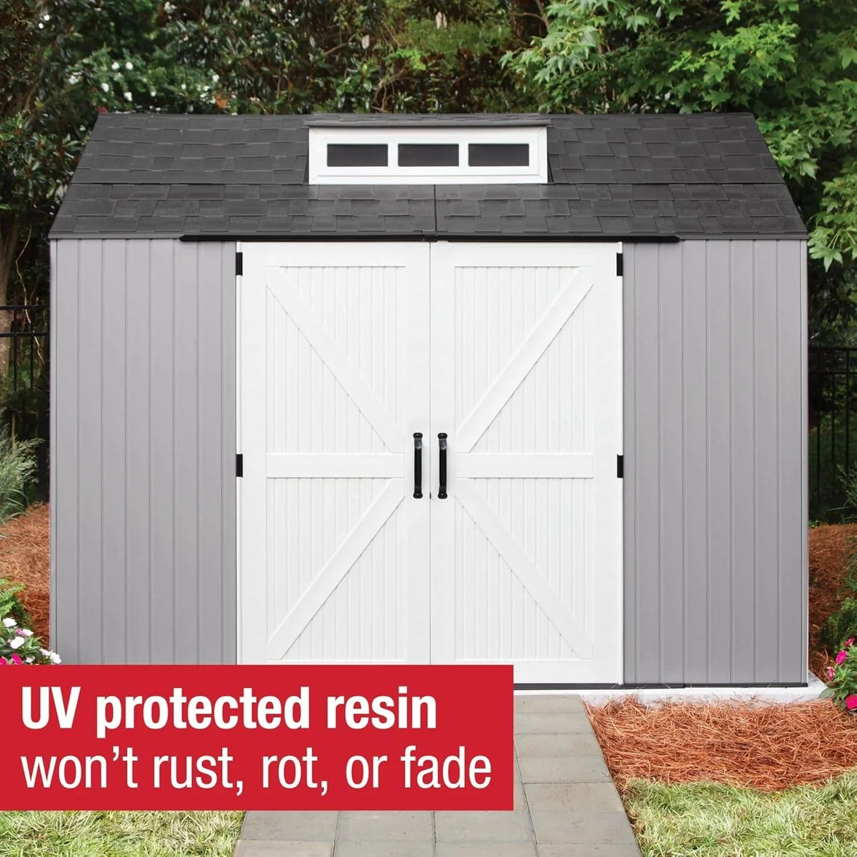 2026 NewRubbermaid resin garden shed with floor (2.13 x 2.13 m), weatherproof, grey, for storing garden tools, lawnmowers, bicycles and pool accessories