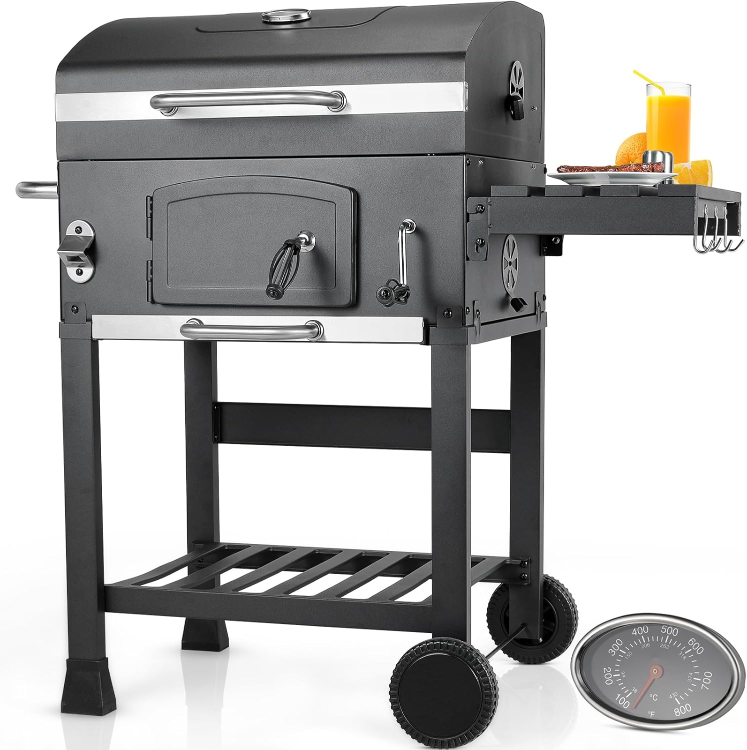 2026 Barbacoa de Carbon XXL, Parrilla de Carbón con Chimenea y Tapa, Parrilla con Carrito BBQ Smoker con Ruedas y Termómetro, Grande BBQ Carbon para Camping y Jardín