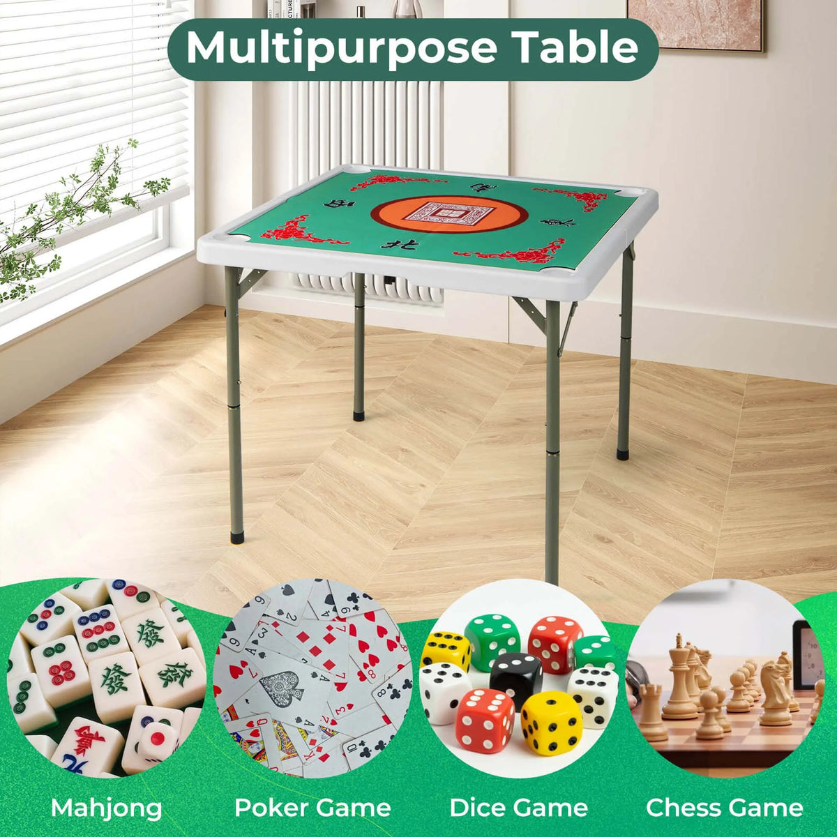 2026 NewCostway 35" Folding Mahjong Table with Cup Holders & Smooth Felt Mat Carrying Handle Green