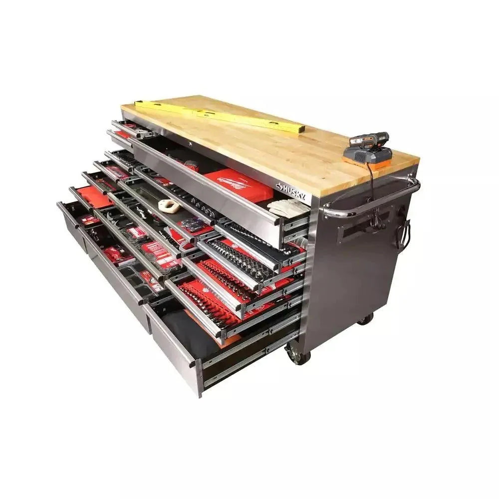 2026 New72 in. 18-Drawer 24 in. D Mobile Workbench with Solid Wood Top Stainless Steel