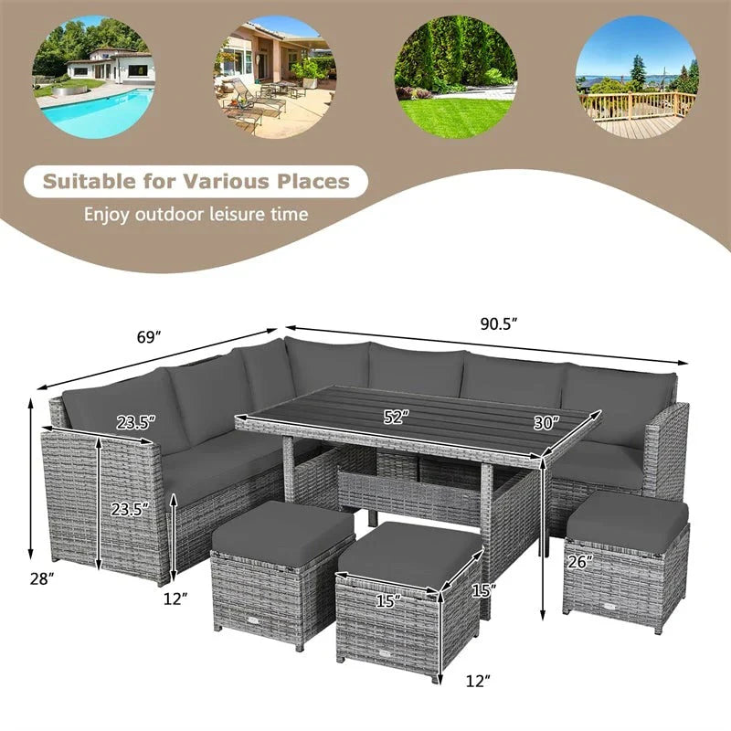 2026 New7 Pcs Rattan Patio Dining Furniture Sectional Sofa Set with Dining Table, Ottomans & Cushions