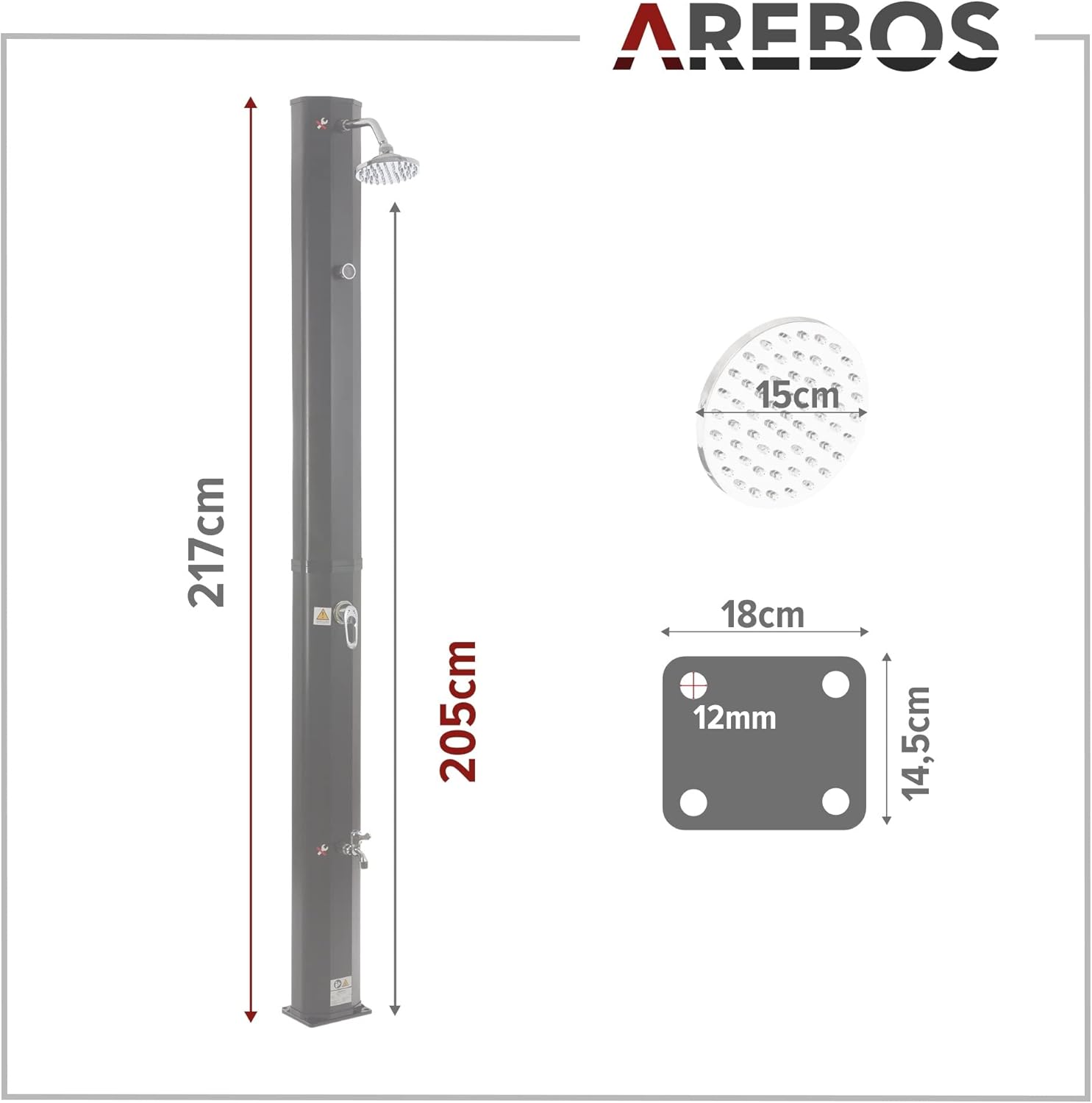 2026 Arebos Ducha Solar | 35 litros | 216cm | con termómetro Integrado | Incl.Portada | Cabezal de Ducha Redondo | con Ducha de pies | Ducha de jardín con conexión para Manguera de jardín | Negro