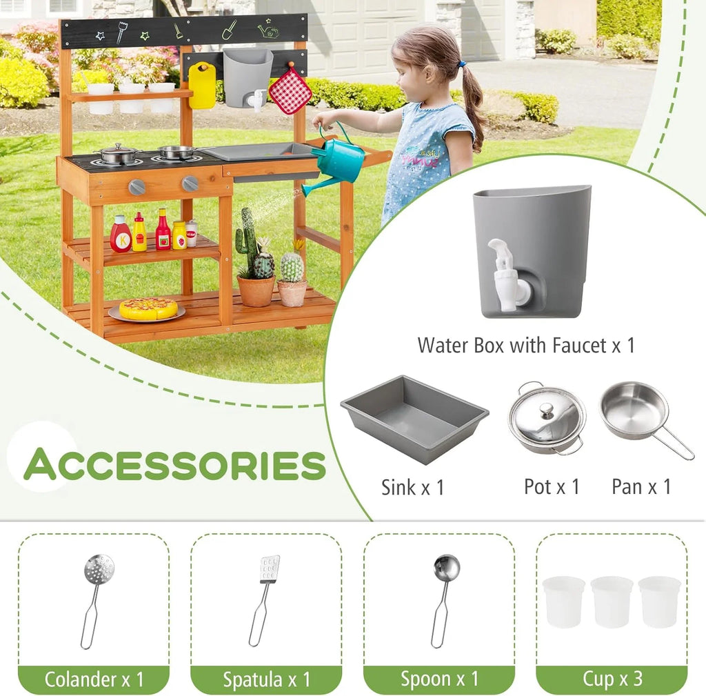 2026 NewOLAKIDS Mud Kitchen, Outdoor Play Kitchen with Wheels 3 Cups Removable Sink Cooking Accessories Wooden Kids Kitchen Playset Backyard Garden Toys Gift for Boys Girls Ages 3+