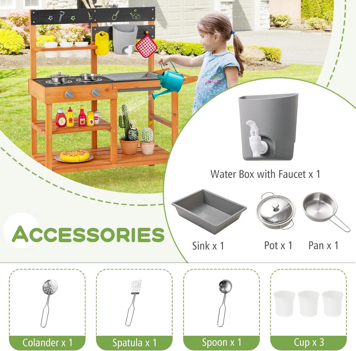 2026 NewOLAKIDS Mud Kitchen, Outdoor Play Kitchen with Wheels 3 Cups Removable Sink Cooking Accessories Wooden Kids Kitchen Playset Backyard Garden Toys Gift for Boys Girls Ages 3+