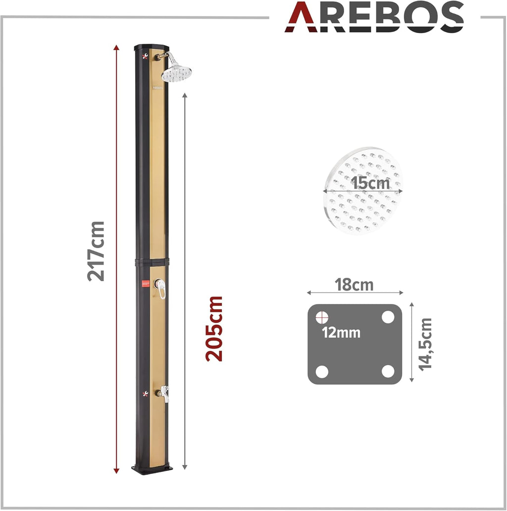 2026 Arebos Ducha Solar | 35 litros | 216cm | con termómetro Integrado | Incl.Portada | Cabezal de Ducha Redondo | con Ducha de pies | Ducha de jardín con conexión para Manguera de jardín | Negro