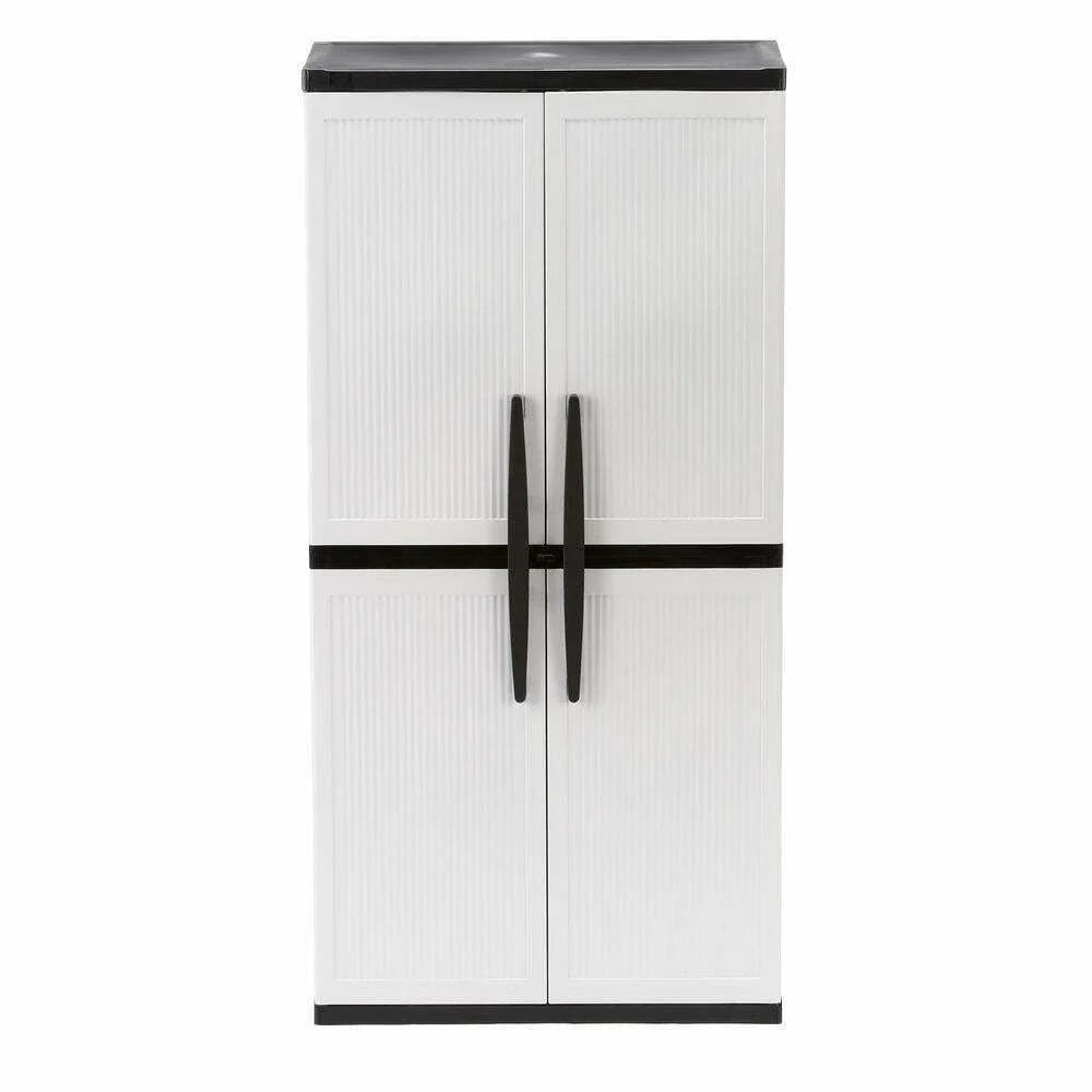 2026 NewFreestanding garage cabinet made of grey plastic, model 2025, 89 cm W x 180 cm H x 46 cm D, with adjustable shelves and lockable doors.
