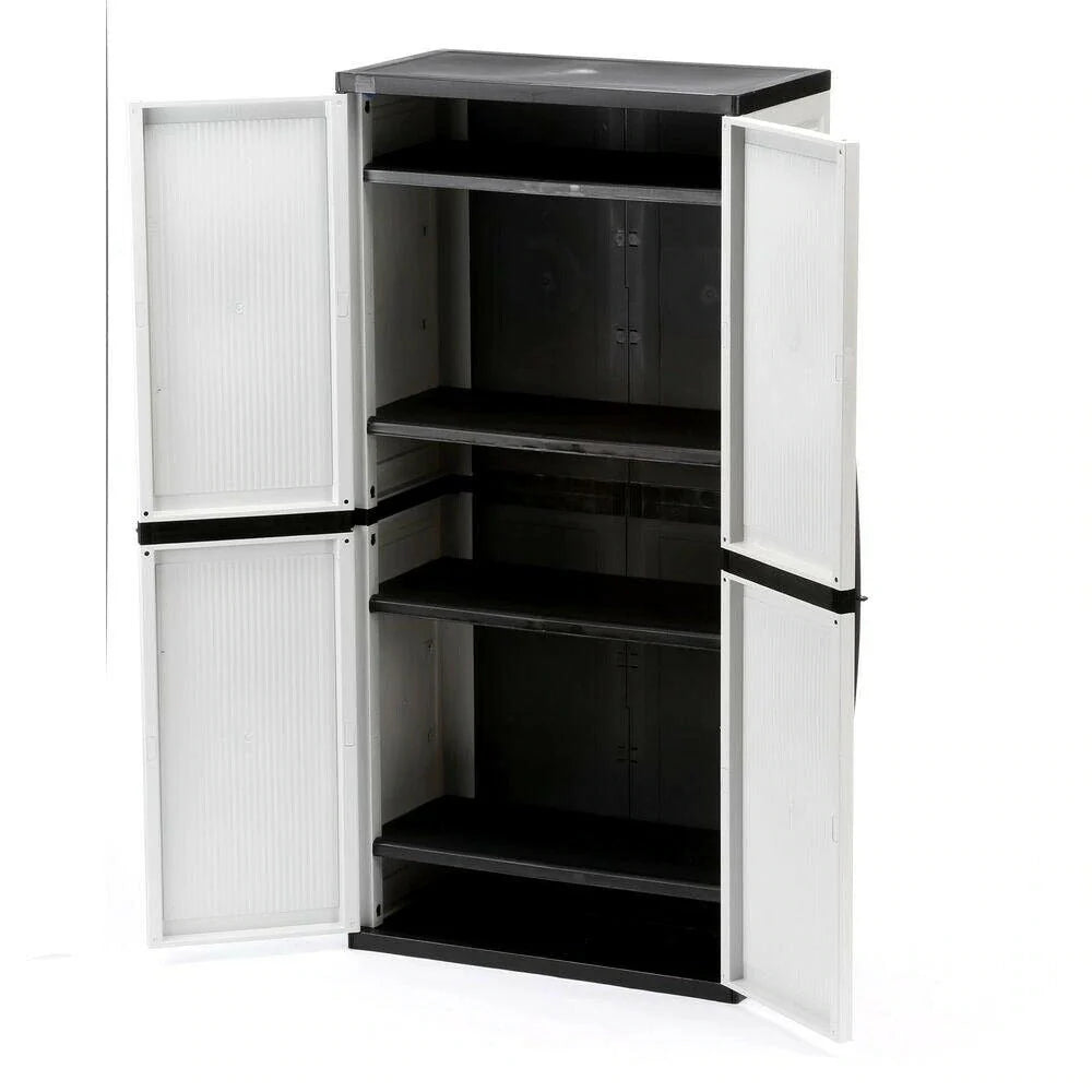 2026 NewFreestanding garage cabinet made of grey plastic, model 2025, 89 cm W x 180 cm H x 46 cm D, with adjustable shelves and lockable doors.