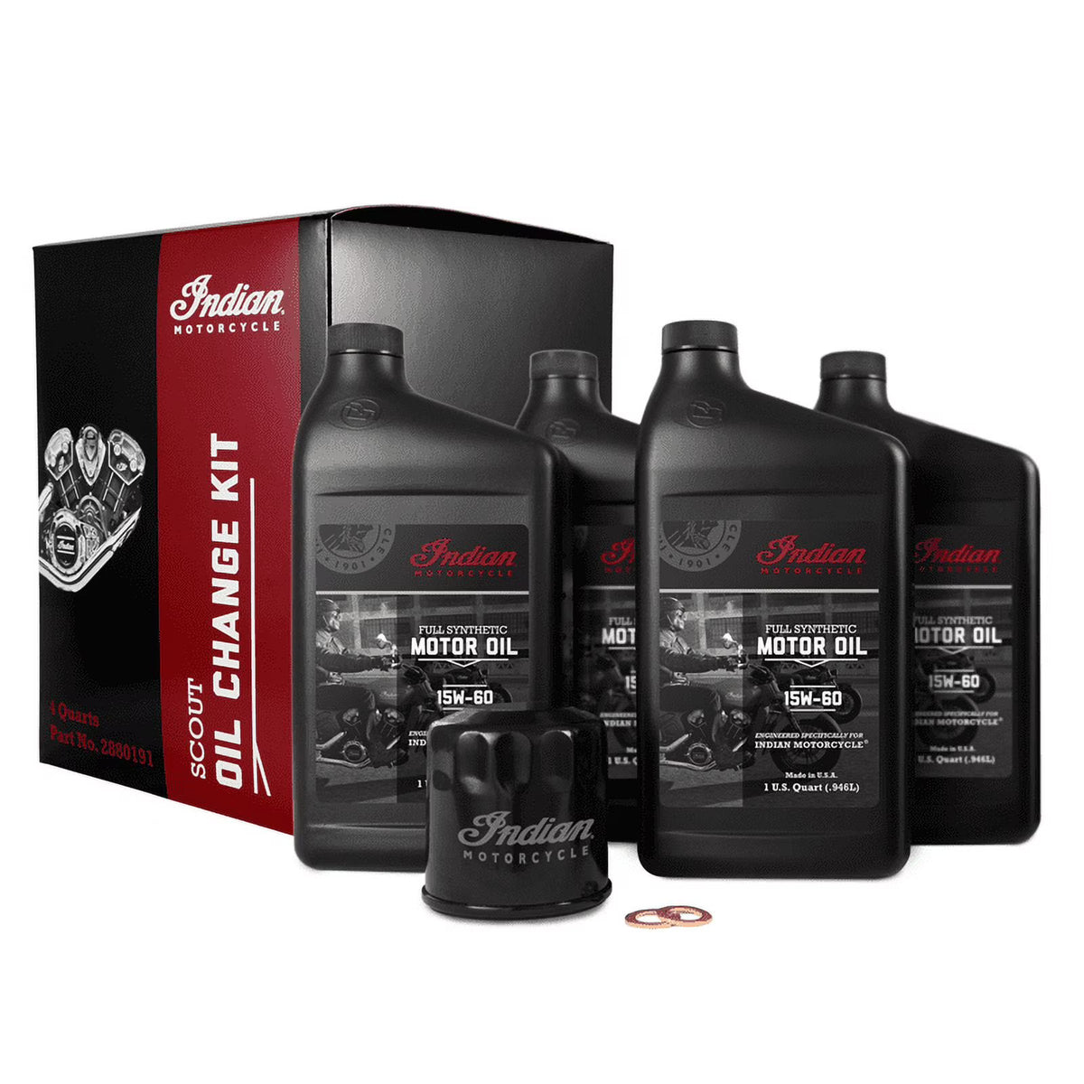 2026 NewIndian Motorcycle Scout Oil Change Kit with Full Synthetic 15W-60 Motor Oil, 4 Quarts, 2 Washers