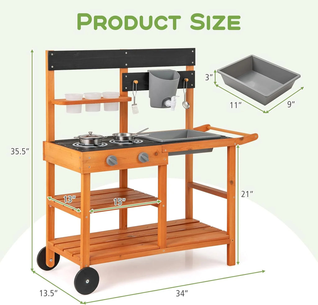 2026 NewOLAKIDS Mud Kitchen, Outdoor Play Kitchen with Wheels 3 Cups Removable Sink Cooking Accessories Wooden Kids Kitchen Playset Backyard Garden Toys Gift for Boys Girls Ages 3+