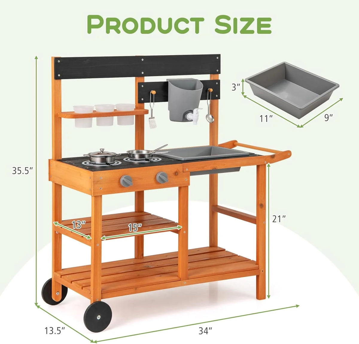 2026 NewOLAKIDS Mud Kitchen, Outdoor Play Kitchen with Wheels 3 Cups Removable Sink Cooking Accessories Wooden Kids Kitchen Playset Backyard Garden Toys Gift for Boys Girls Ages 3+