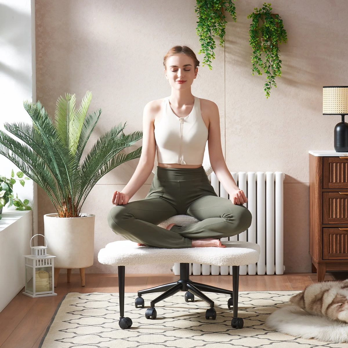 2026 NewPinmoco Ergonomic Cross Legged Swivel Chair, Adjustable Height and Teddy Fabric, Meditation& ADHD Chair with Back Support, Home and Office, Off White