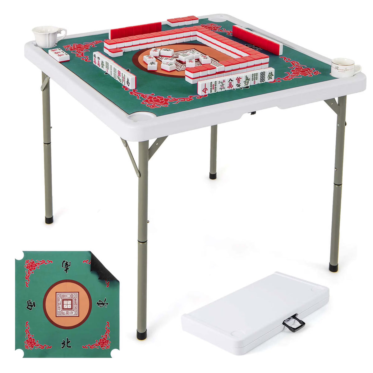 2026 NewCostway 35" Folding Mahjong Table with Cup Holders & Smooth Felt Mat Carrying Handle Green