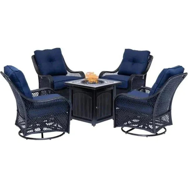 2026 New2025 5-piece steel patio fire pit seating set with navy blue cushions, swivel gliders and square fire pit table