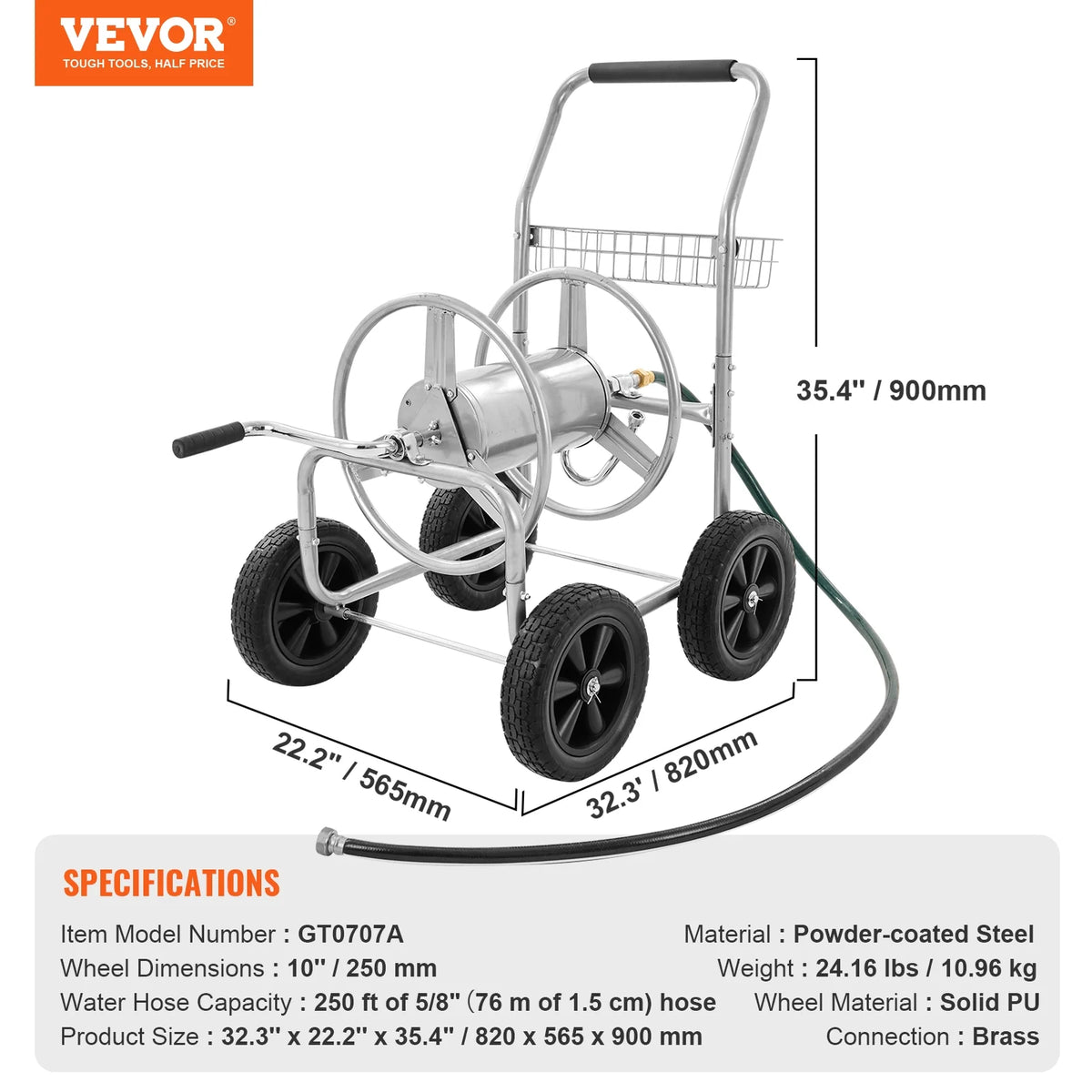 2026 NewVEVOR Hose Reel Cart, Hold Up to 250 ft of 5/8???? Hose, Garden Water Hose Carts Mobile Tools with 4 Wheels, Heavy Duty Powder-coated Steel Outdoor Planting with Storage Basket, for Garden, Yard, Lawn