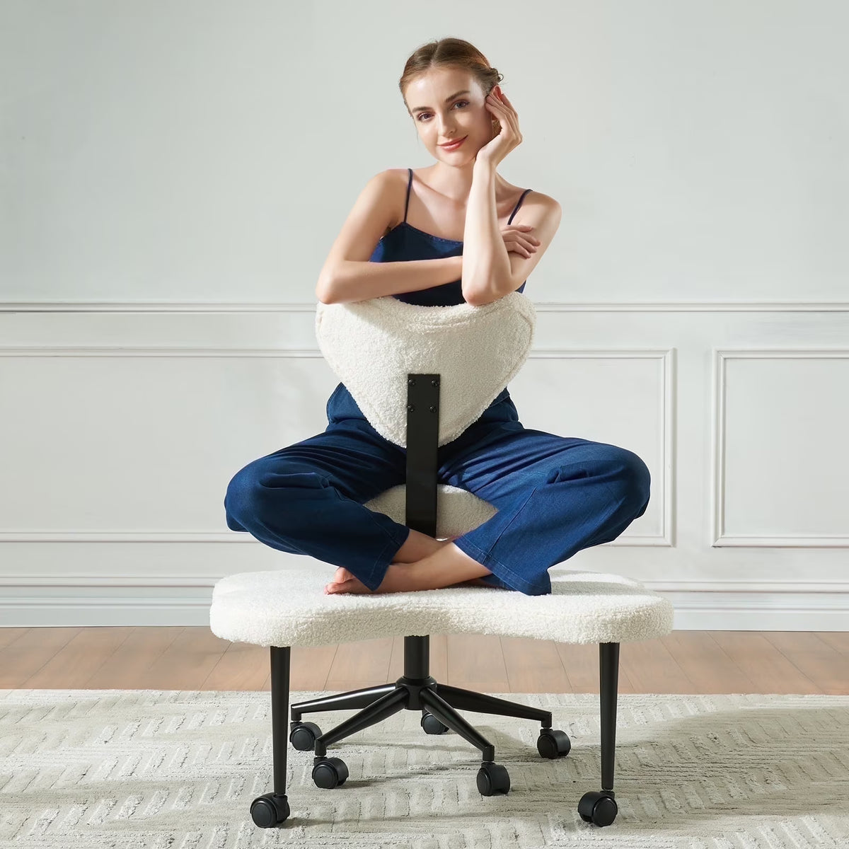 2026 NewPinmoco Ergonomic Cross Legged Swivel Chair, Adjustable Height and Teddy Fabric, Meditation& ADHD Chair with Back Support, Home and Office, Off White