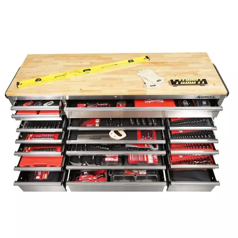 2026 New72 in. 18-Drawer 24 in. D Mobile Workbench with Solid Wood Top Stainless Steel