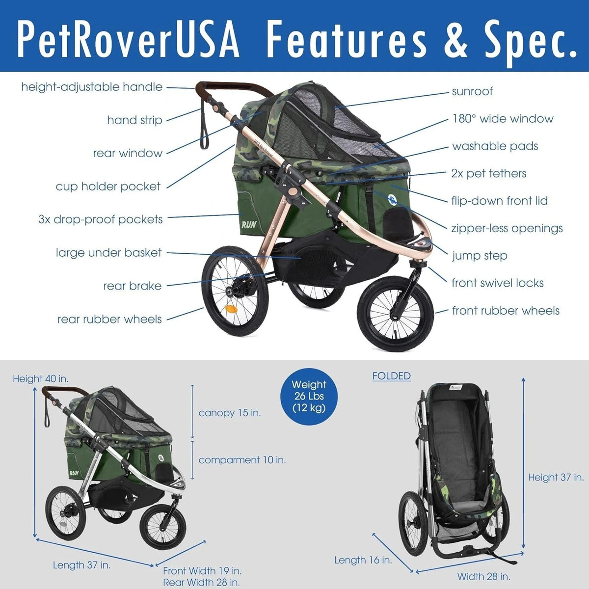2026 NewJogging Sports Stroller with Comfort Rubber Wheels/Zipper-Less Entry/1-Hand Quick Fold/Aluminum Frame for Small/Medium Dogs, Cats and Pets (Green Camo)