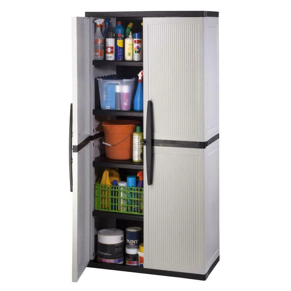2026 NewFreestanding garage cabinet made of grey plastic, model 2025, 89 cm W x 180 cm H x 46 cm D, with adjustable shelves and lockable doors.