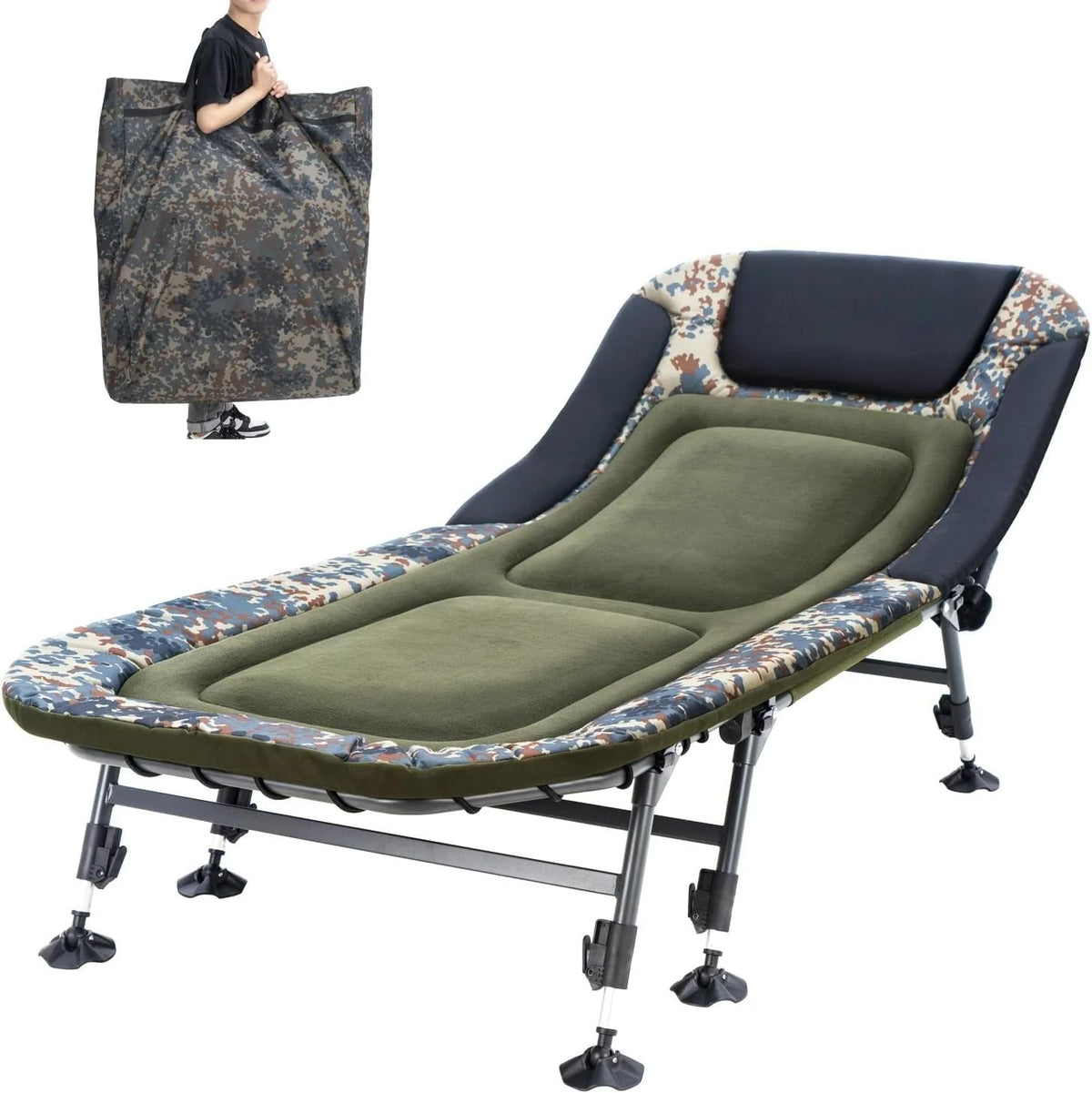 2026 NewCamping Cots for Adults 330Lbs with Carry Bag, Heavy Duty Folding Bed with Soft Padded Cushion, Portable Military Cot for Hunting, 180° Adjustable Reclining Outdoor Lounger