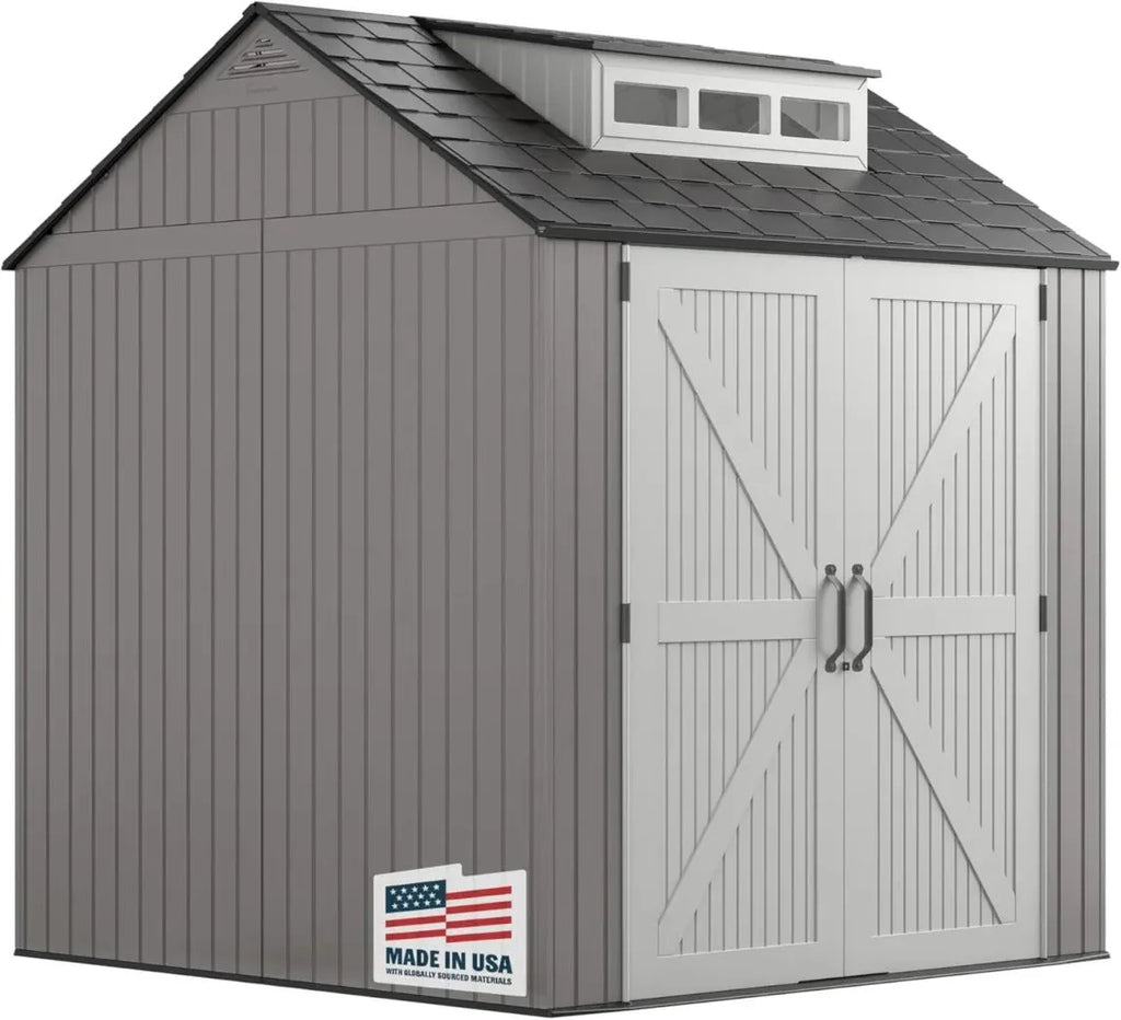2026 NewRubbermaid resin garden shed with floor (2.13 x 2.13 m), weatherproof, grey, for storing garden tools, lawnmowers, bicycles and pool accessories
