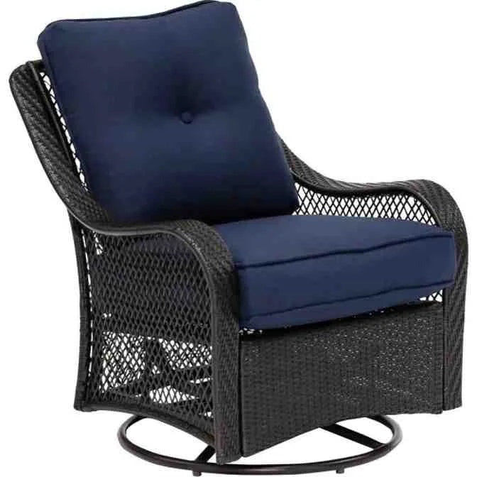 2026 New2025 5-piece steel patio fire pit seating set with navy blue cushions, swivel gliders and square fire pit table