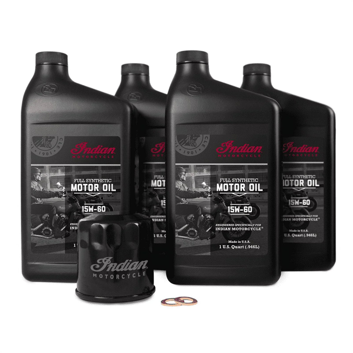 2026 NewIndian Motorcycle Scout Oil Change Kit with Full Synthetic 15W-60 Motor Oil, 4 Quarts, 2 Washers
