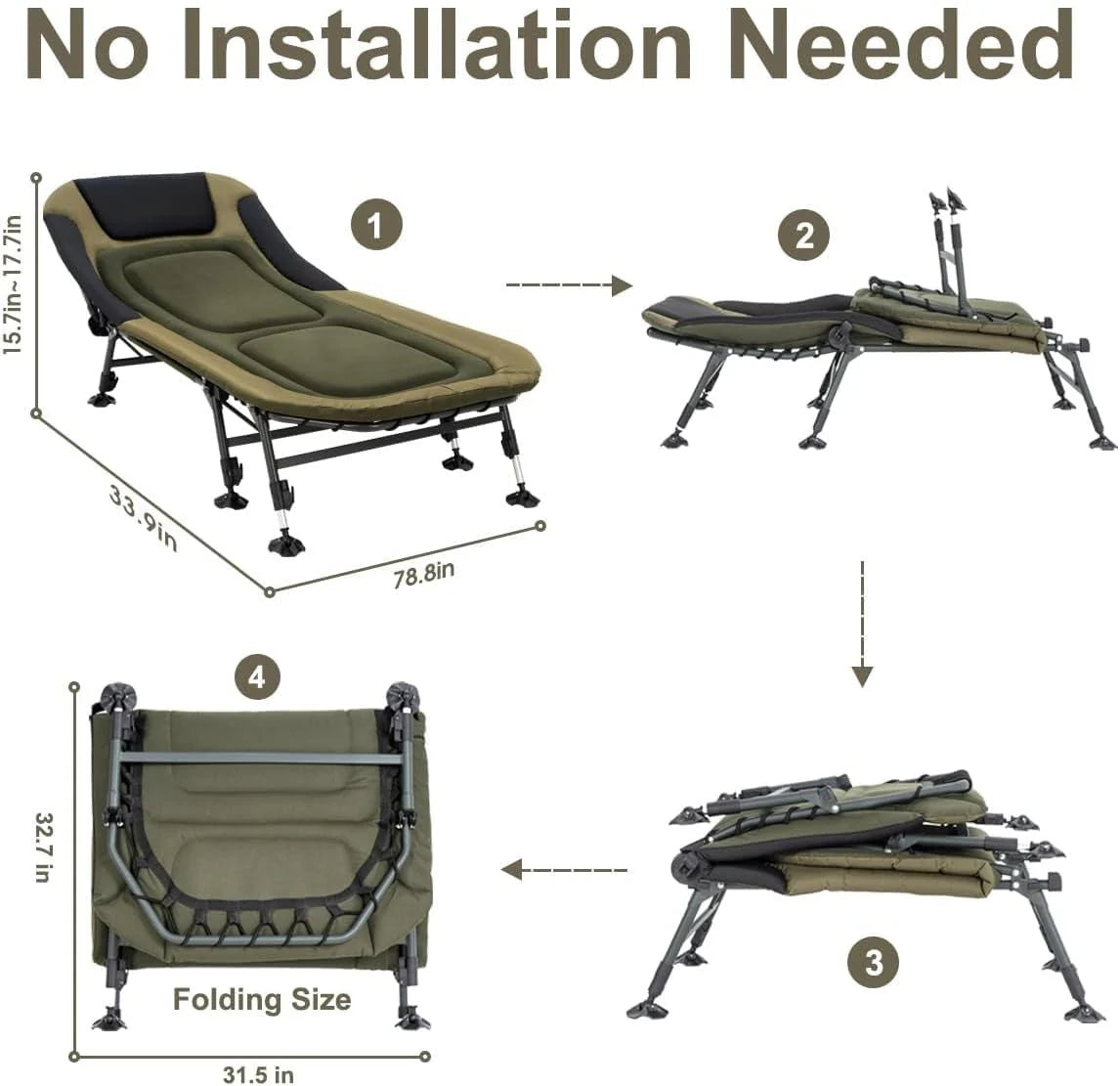 2026 NewCamping Cots for Adults 330Lbs with Carry Bag, Heavy Duty Folding Bed with Soft Padded Cushion, Portable Military Cot for Hunting, 180° Adjustable Reclining Outdoor Lounger