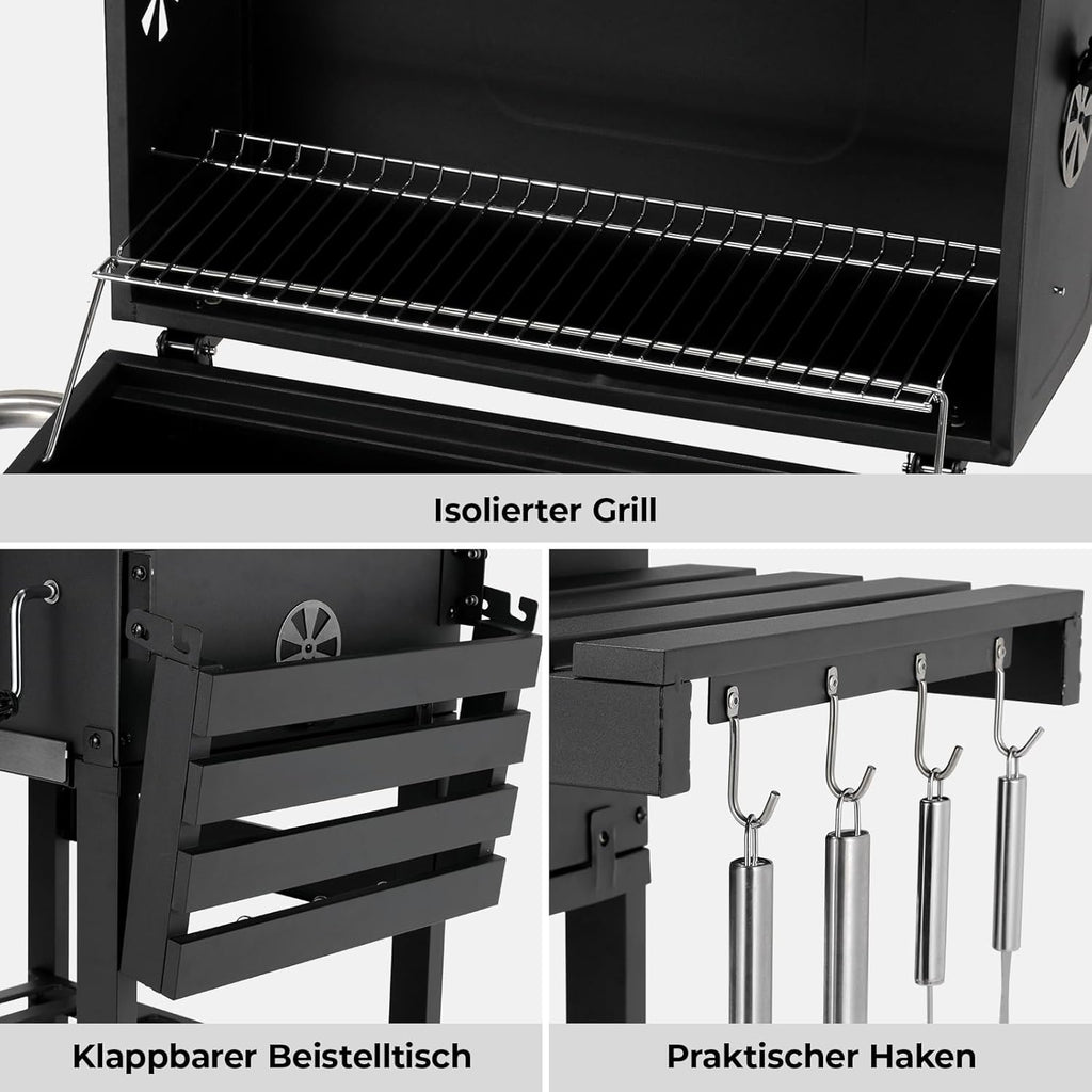 2026 Barbacoa de Carbon XXL, Parrilla de Carbón con Chimenea y Tapa, Parrilla con Carrito BBQ Smoker con Ruedas y Termómetro, Grande BBQ Carbon para Camping y Jardín