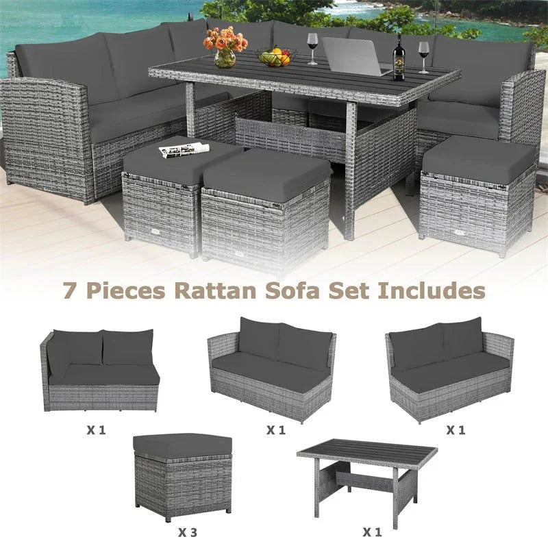 2026 New7 Pcs Rattan Patio Dining Furniture Sectional Sofa Set with Dining Table, Ottomans & Cushions