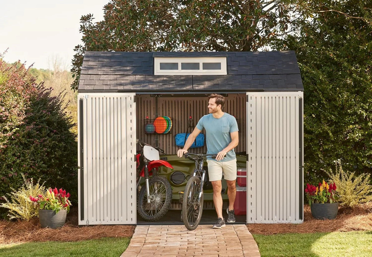 2026 NewRubbermaid resin garden shed with floor (2.13 x 2.13 m), weatherproof, grey, for storing garden tools, lawnmowers, bicycles and pool accessories