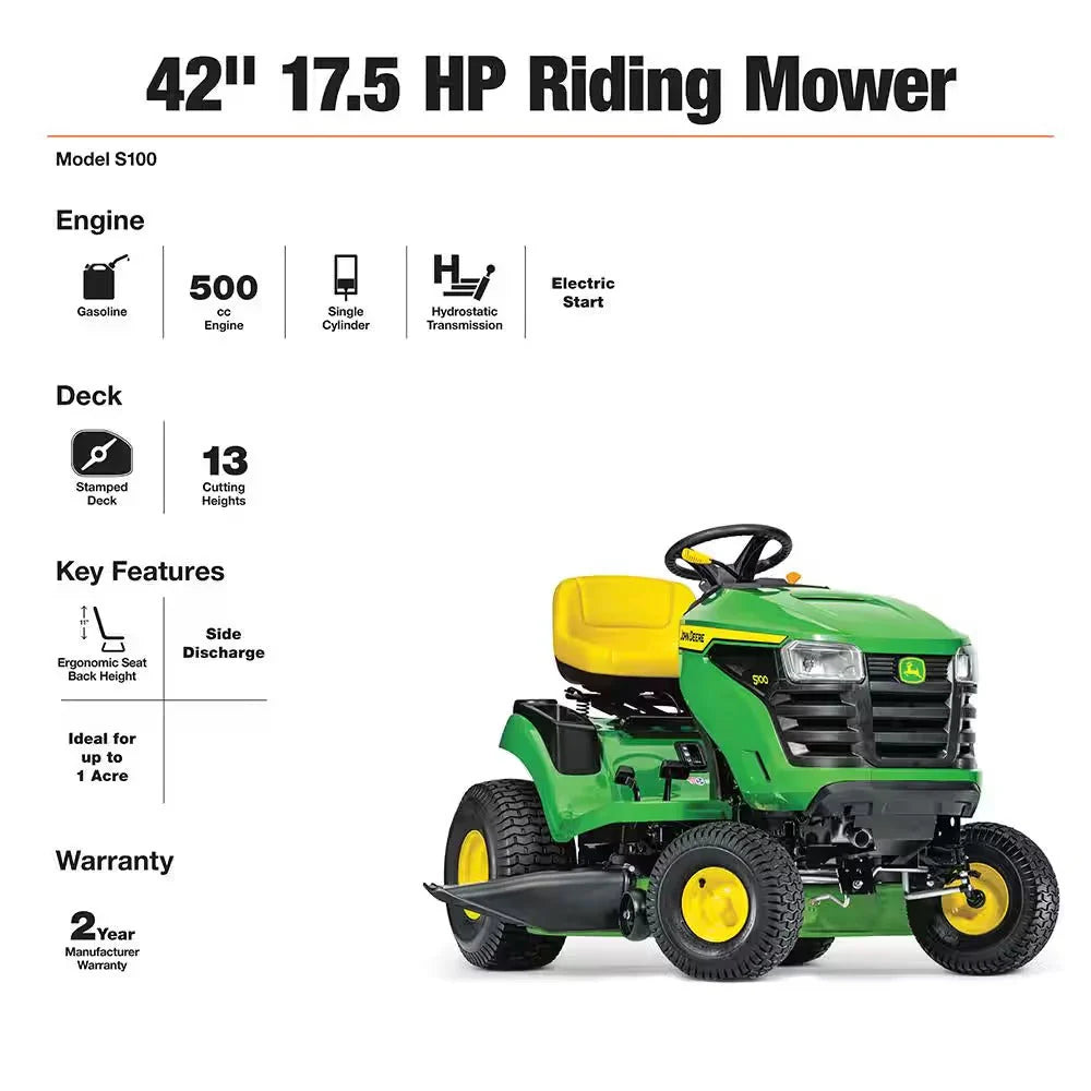 2026 NewJohn Deere S100 ride-on lawnmower, 107 cm (42 inch) cutting width – 17.5 hp petrol hydrostatic drive