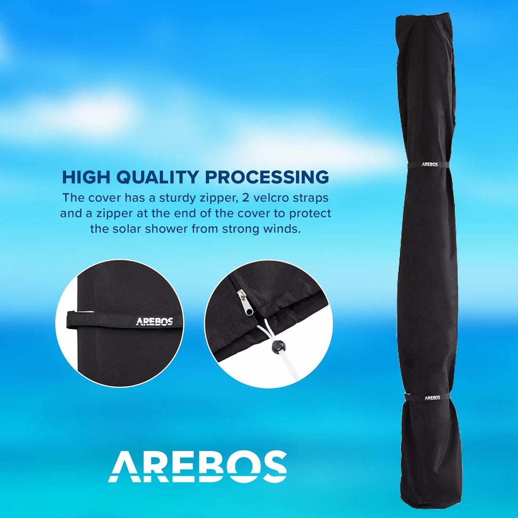 2026 Arebos Ducha Solar | 35 litros | 216cm | con termómetro Integrado | Incl.Portada | Cabezal de Ducha Redondo | con Ducha de pies | Ducha de jardín con conexión para Manguera de jardín | Negro