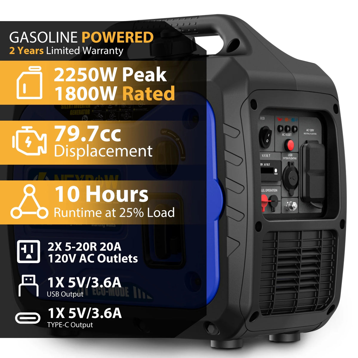 2026 NewNEXPOW 2250W Portable Inverter Generator, Gasoline Power Quiet Lightweight for Backup Home & Camping, Eco-Mode Feature, Parallel Capability, EPA Compliant