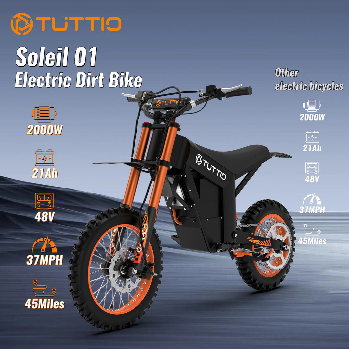 2026 NewTUTTIO Soleil01 Adult Electric Dirt Bike (with Branded Helmet), 2000W, 48V 21Ah Battery, 37Mph Full Suspension Mountain E-Bike, 200Nm Torque All-Terrain Electric Motorcycle