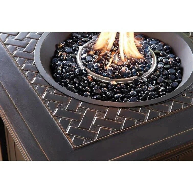 2026 New2025 5-piece steel patio fire pit seating set with navy blue cushions, swivel gliders and square fire pit table