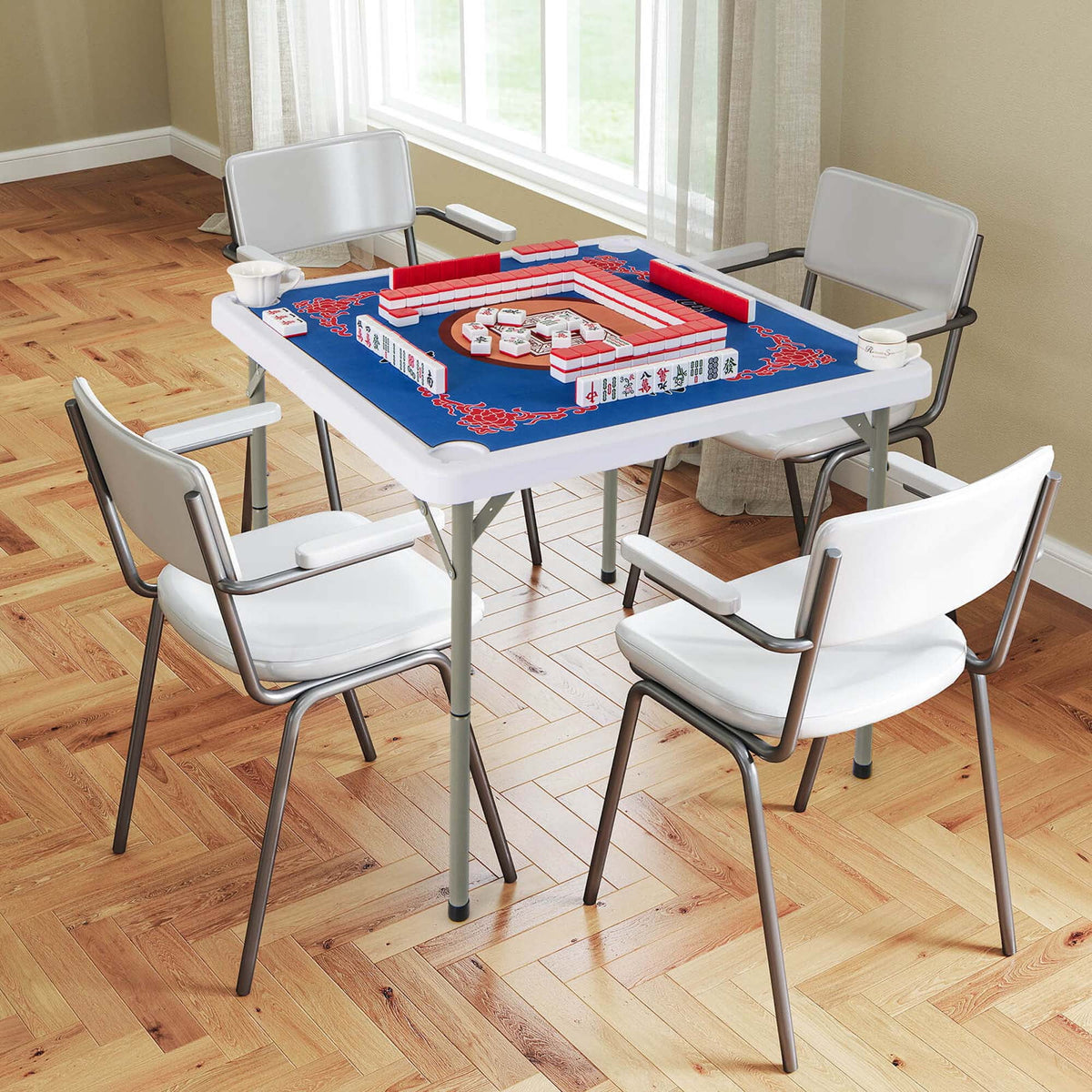2026 NewCostway 35" Folding Mahjong Table with Cup Holders & Smooth Felt Mat Carrying Handle Green