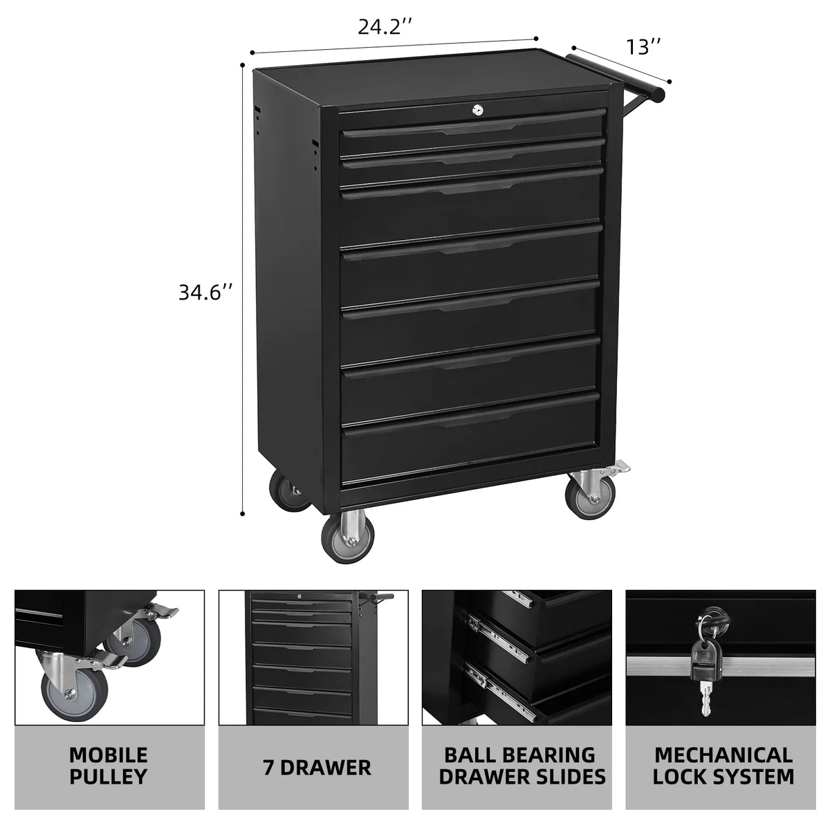2026 New7-Drawer Rolling Tool Chest Cabinet, Large Capacity Metal Tool Box with Wheels and Cylinder Locking, Roll Around Storage Organizer Tool Cart for Garage, Warehouse, Work Shop - Black