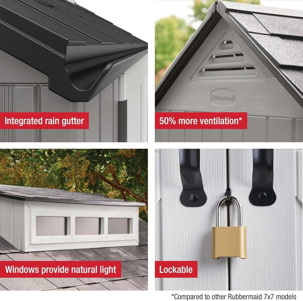 2026 NewRubbermaid resin garden shed with floor (2.13 x 2.13 m), weatherproof, grey, for storing garden tools, lawnmowers, bicycles and pool accessories
