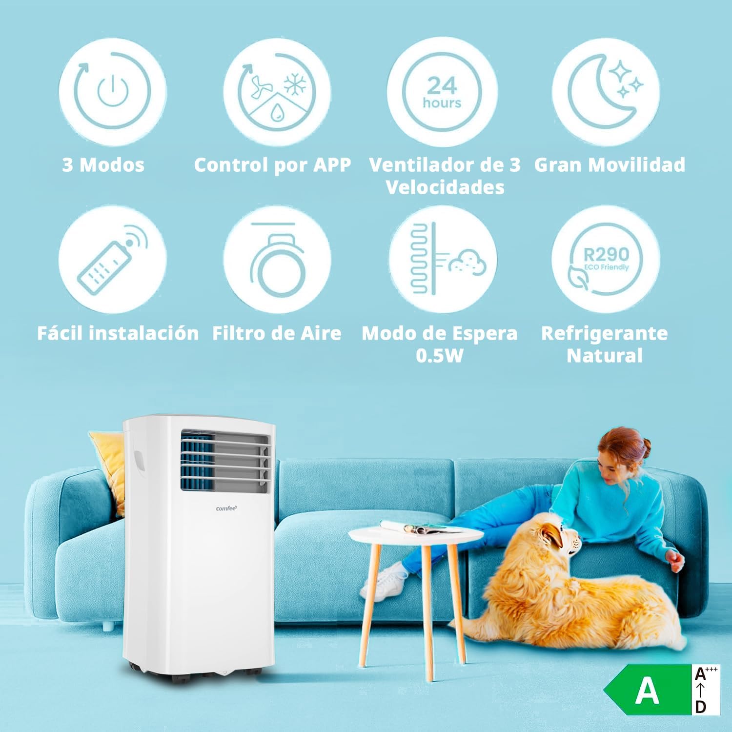 2026 COMFEE Pingüino Aire Acondicionado Portátil 8000 BTU / 2000 Frigorías – Climatizador sin unidad exterior – Enfriador Silencioso Bajo Consumo con Kit de Ventana | 3x1 Refrigera, Ventila y Deshumidifica