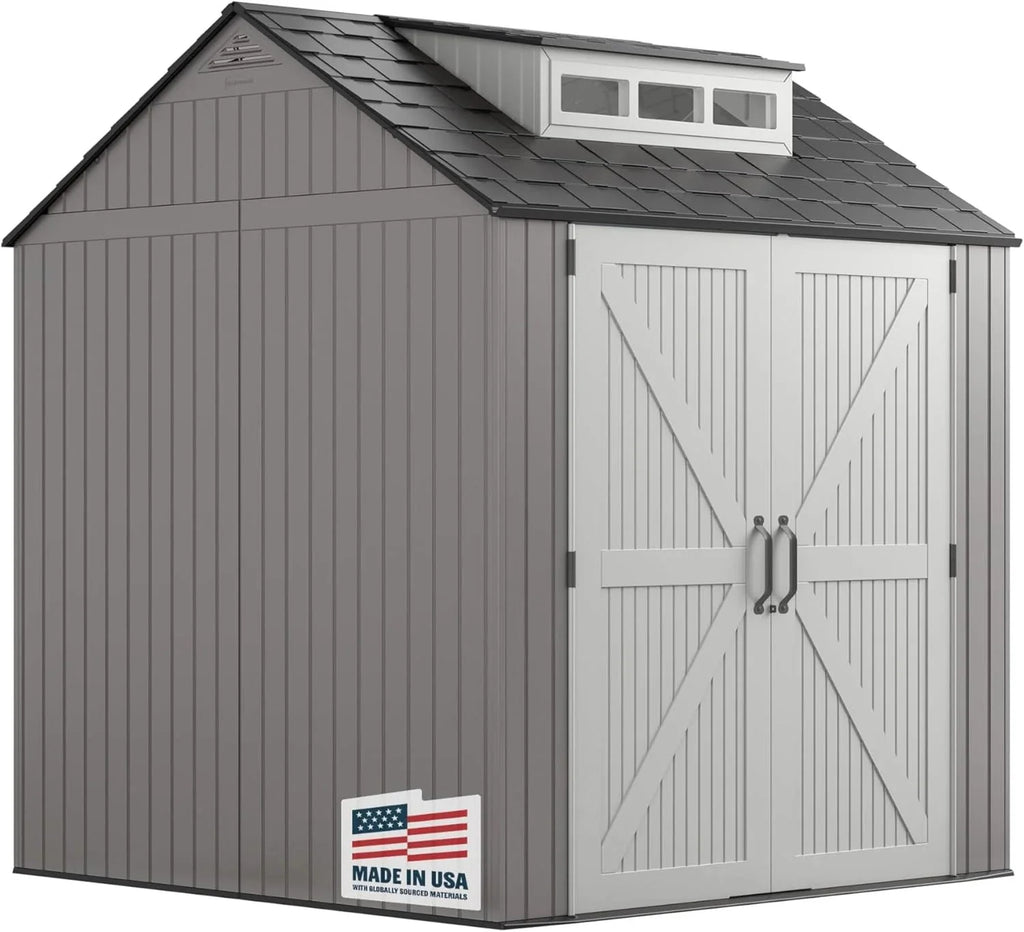 2026 NewRubbermaid resin garden shed with floor (2.13 x 2.13 m), weatherproof, grey, for storing garden tools, lawnmowers, bicycles and pool accessories
